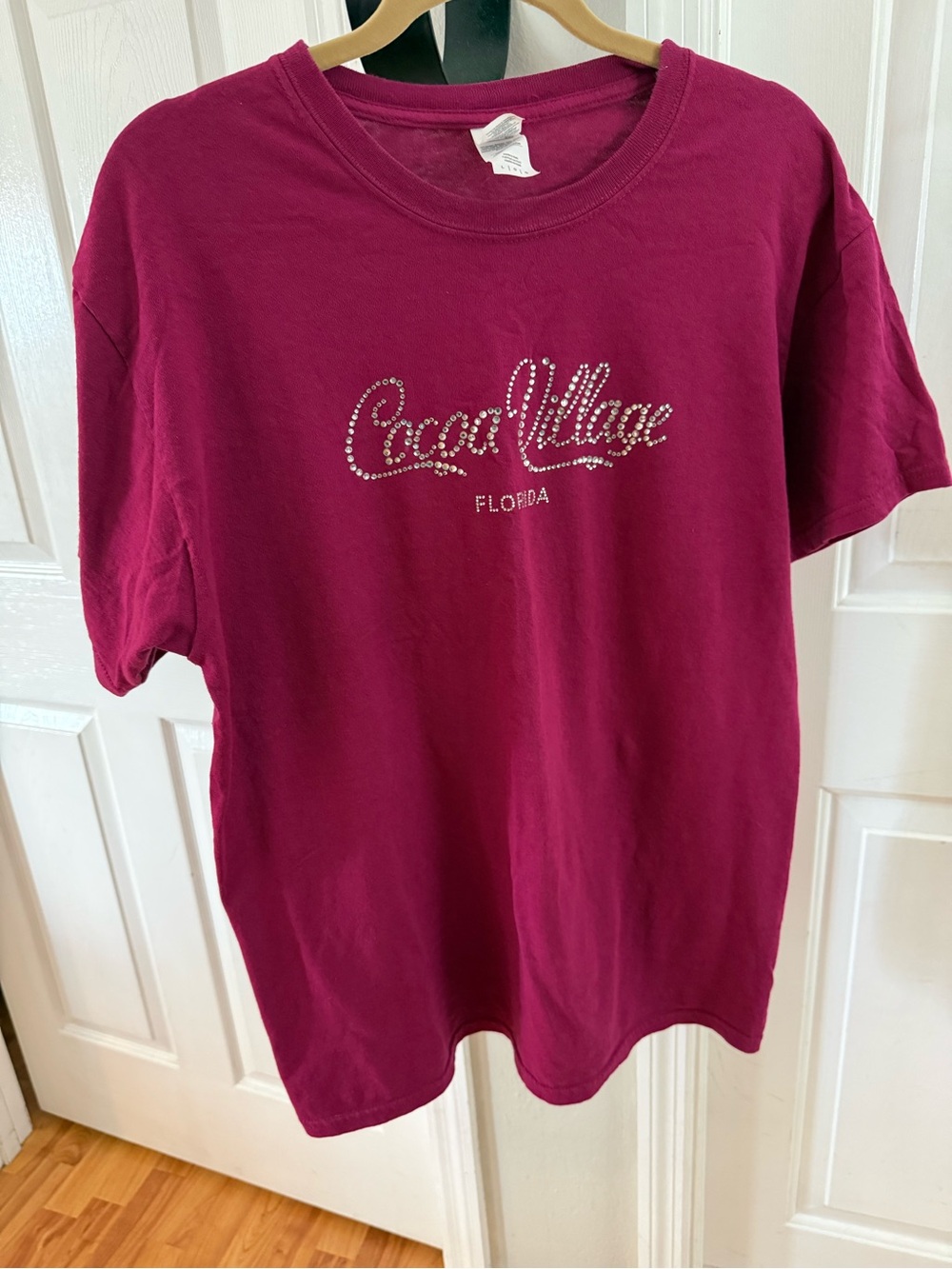 Gildan Berry Pink Short-Sleeve Tee with Rhinestone 'Cocoa Village'